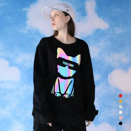 港风卫衣女男春秋薄款情侣装纯棉oversize圆领洋气反光黑色长袖衫商品大图