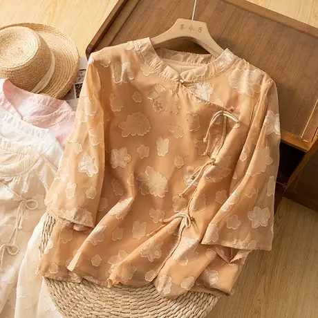 享永子七分袖刺绣天丝上衣文艺复古宽松国风茶服衬衫2023夏季新款商品大图