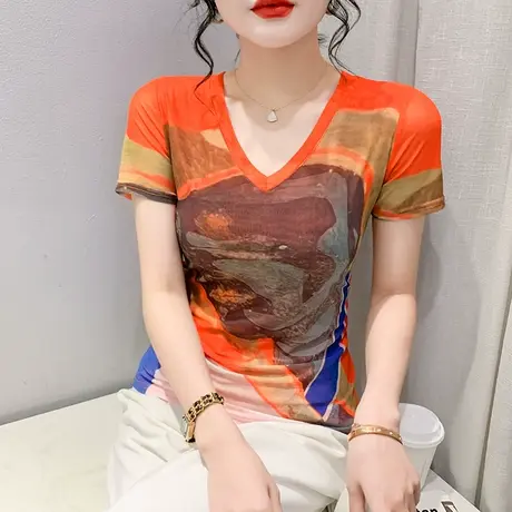 欧货气质V领T恤女短袖性感网纱修身上衣漂亮减龄印花小衫显瘦体恤商品大图
