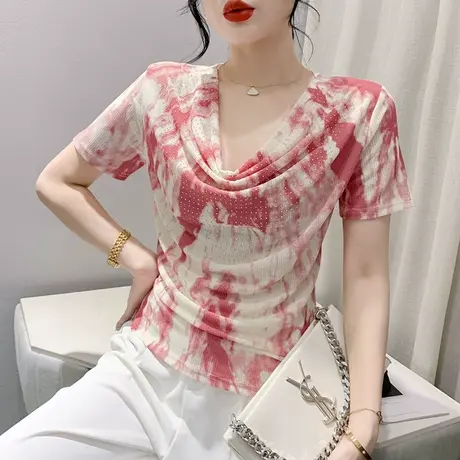 气质荡领短袖T恤女2023夏季新款性感网纱上衣欧货时尚印花小时潮商品大图