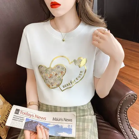 米奇爱心印花短袖t恤女夏2023新款纯棉白色正肩质感体恤宽松上衣商品大图
