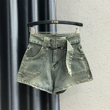 港风INS复古怀旧高腰牛仔短裤女2023秋季新款洋气口袋a字阔腿裤潮图片