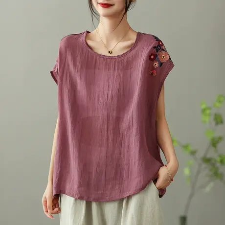 dza刺绣亚麻短袖T恤女2023夏季薄款圆领打底体恤宽松棉麻套头上衣图片