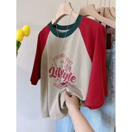 韩国One 美式字母印花 复古撞色拼接圆领宽松薄款棉质短袖T恤女商品大图