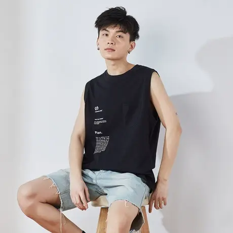 唐狮夏新款背心男纯棉宽松白色外穿无袖坎肩青少年休闲打底衫图片