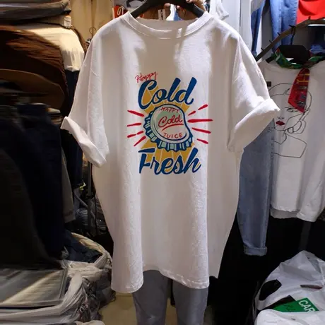 大码卡通印花白色t恤女短袖ins洋气潮牌2021夏装宽松chic港风上衣图片