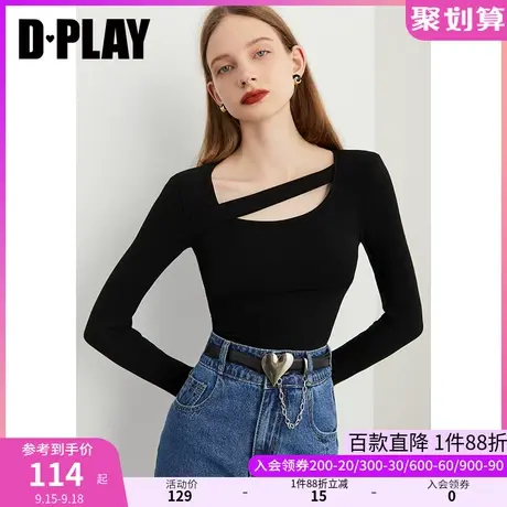 DPLAY秋装季新款简约经典黑不对称斜肩带装饰打底衫图片