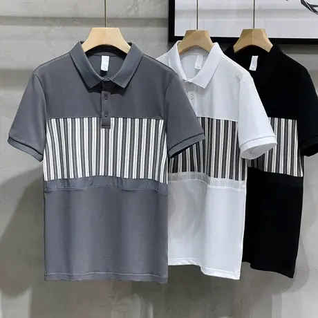 翻领polo衫男士短袖t恤男春夏季潮流条纹撞色拼接半袖体恤男上衣商品大图