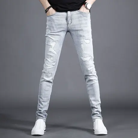 高级破洞牛仔裤男夏季薄款浅蓝色修身小脚男士2022年新款潮流裤子商品大图