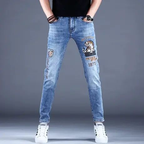 2023秋款新款牛仔裤男时尚老虎刺绣花修身破洞小脚裤百搭潮牌弹力商品大图