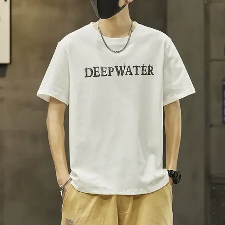 夏天男士纯棉白色短袖T恤夏季男款字母印花潮牌情侣装圆领上衣服商品大图