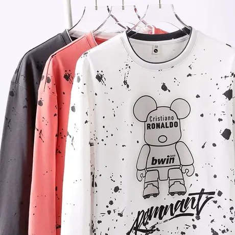 圆领卫衣男士春季设计感小熊印花长袖t恤男潮牌ins青少年百搭上衣商品大图