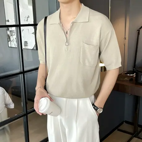 夏季冰丝薄款休闲宽松T恤男短袖口袋款针织POLO衫半袖拉链翻领TEE图片