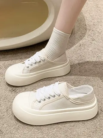 小众设计感百搭爆款小白鞋女2023秋季新款港风厚底增高帆布鞋两穿商品大图