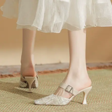 性感包头高跟凉拖鞋2023年夏季新款外穿细跟凉鞋时尚一字带半拖鞋商品大图