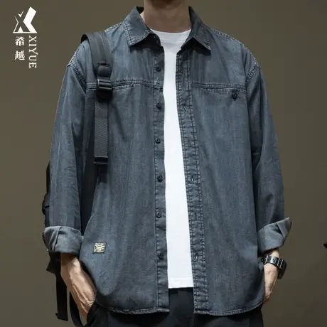 希越复古重水洗牛仔衬衫男2024春季新款宽松大码男士翻领夹克外套图片