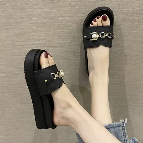 拖鞋女夏季网红时尚水钻珍珠格纹松糕厚底增高防滑沙滩凉拖鞋外穿商品大图