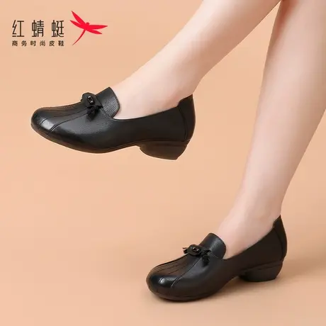 红蜻蜓女鞋春季鞋子休闲一脚蹬低跟小皮鞋女中老年妈妈鞋真皮舒适商品大图