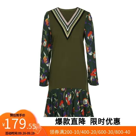 【艾格】2023春季新款女装V领印花纱质拼接前短后长复古连衣裙图片