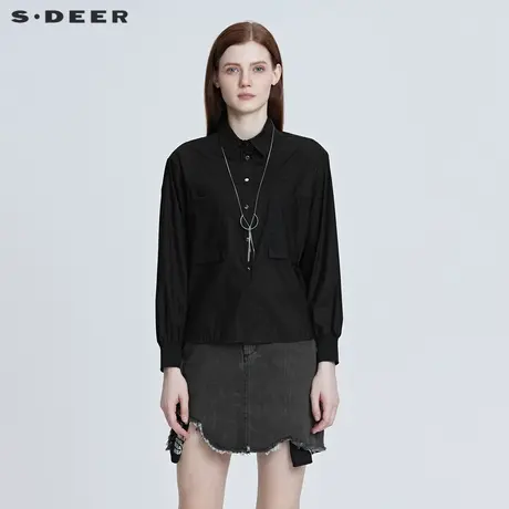 sdeer圣迪奥女装时尚翻领拼接宽松黑色长袖衬衫S22160504商品大图
