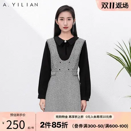 阿依莲春装新款连衣裙女法式洋气复古显瘦遮肉格纹拼接裙子B4图片
