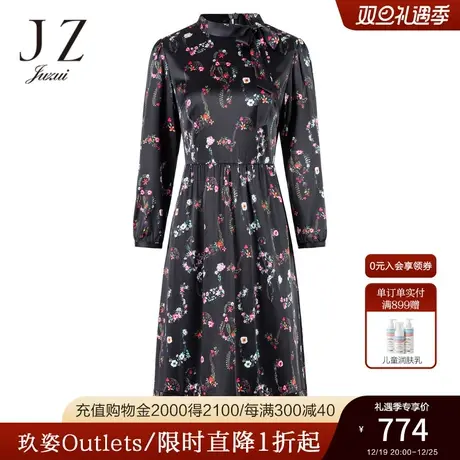 JZ玖姿奥莱通勤简约花黑秋季长袖H型长裙连衣裙图片