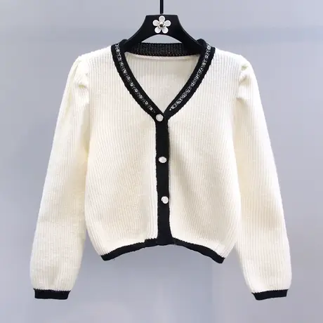 小香风镶钻撞色V领毛衣外套女秋冬2023新款宽松气质短款针织开衫商品大图