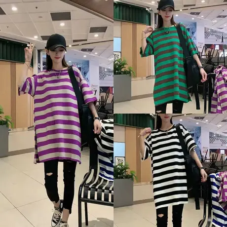 2023夏季新款条纹撞色短袖双开叉中长款五分袖女韩版宽松显瘦上衣商品大图