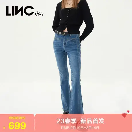 LINC金羽杰牛仔裤女2023年秋季新款复古蓝色中高腰女士微喇裤长裤商品大图