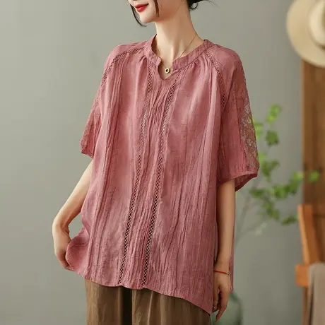 dza 复古镂空蕾丝苎麻衬衫女2023夏薄款套头衬衣宽松显瘦棉麻上衣商品大图