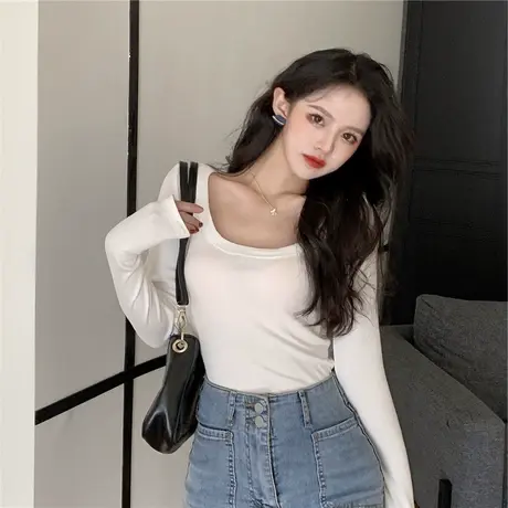 U领打底衫女2023年秋季新款性感低胸露锁骨修身基础款长袖T恤上衣商品大图