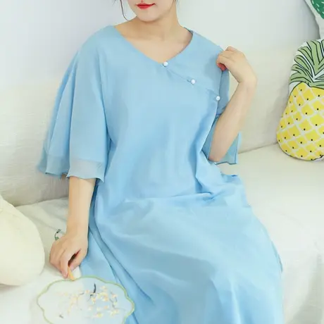 胖妹妹夏季2023新品蓝色宽松飘逸仙女裙 大码微胖新中式优雅长裙商品大图