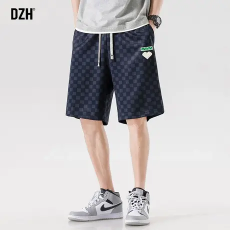 男士蓝色格子裤短裤夏季运动五分裤男潮牌垂感裤子直筒宽松大裤衩商品大图