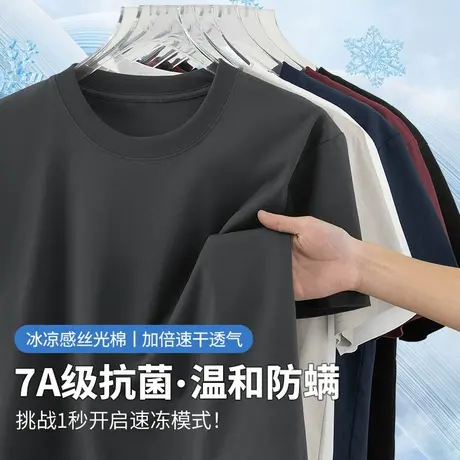 【7A抗菌】丝光棉冰丝t恤男短袖速干凉感圆领上衣服纯色半袖体恤图片