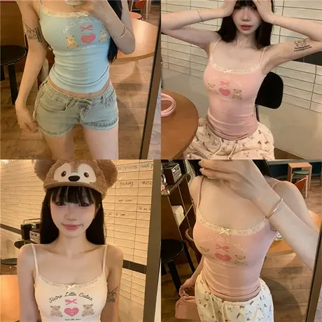 粉色波点小熊印花u领正肩短袖t恤女夏季纯欲蕾丝修身紧短款上衣蓝图片