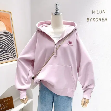 ins爱心粉色连帽卫衣2023秋款韩系温柔奶呼呼软糯宽松上衣长袖衫图片
