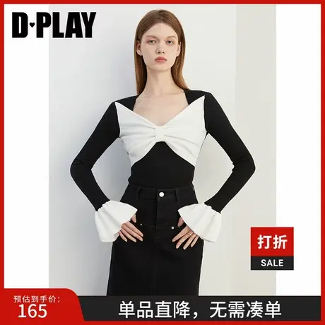 DPLAY秋甜美撞色蝴蝶结针织衫美背修身针织打底衫套头毛衣女商品大图