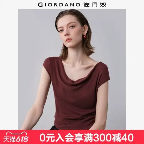 设计师款佐丹奴短袖针织衫女通勤荡领飞袖修身针织上衣女18355915图片