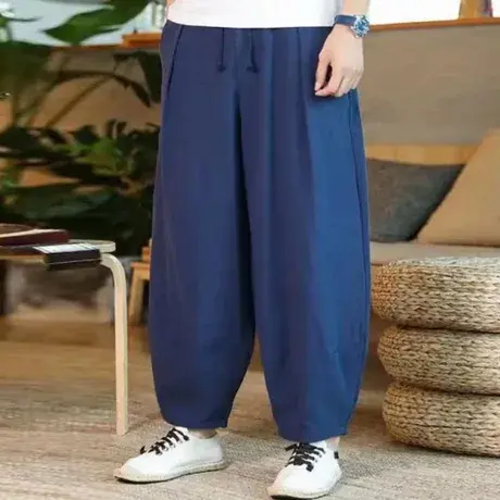 春夏亚麻裤男宽松中国风大码胖子阔腿裤大裆裤灯笼哈伦裤休闲长裤商品大图