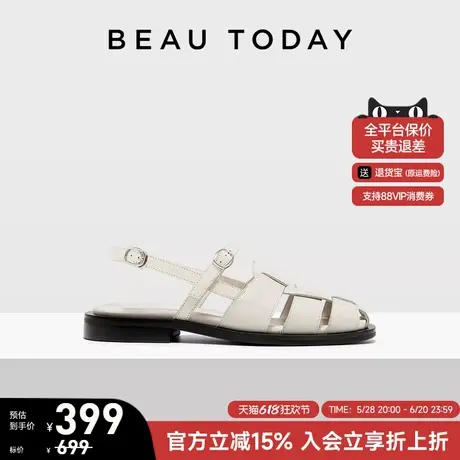 BeauToday白色猪笼鞋女真皮罗马凉鞋夏女款法式包头凉鞋时装凉鞋图片