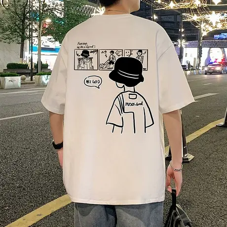 短袖T恤男新款夏季纯棉简笔画圆领体恤高街潮牌宽松上衣大码半袖商品大图