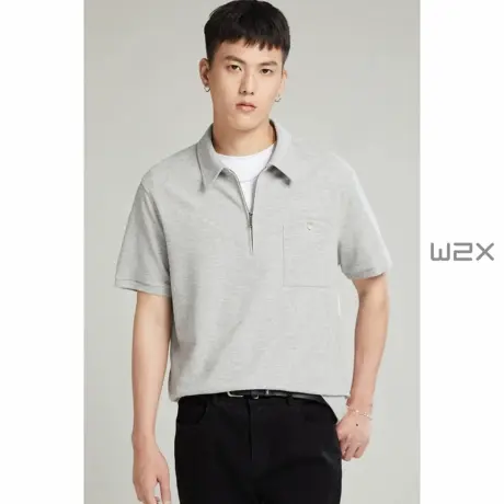 w2x夏季华夫格拉链款短袖polo衫男翻领设计感T恤宽松有领保罗衫潮商品大图