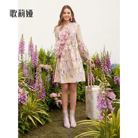 歌莉娅新款19姆米高级感真丝印花连衣裙收腰显瘦裙子女1B1L4K570图片