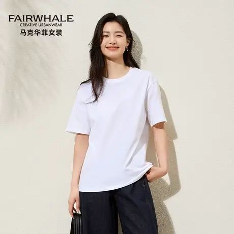 马克华菲重磅纯棉短袖T恤女2025夏季新款宽松休闲圆领纯白打底衫图片
