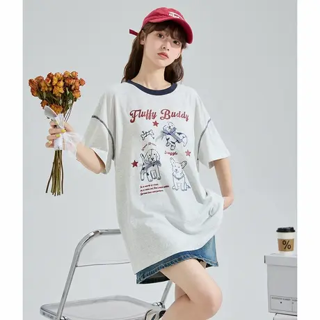 唐狮夏季女新款短袖T恤灰色纯棉圆领小狗印花休闲时尚流行图片
