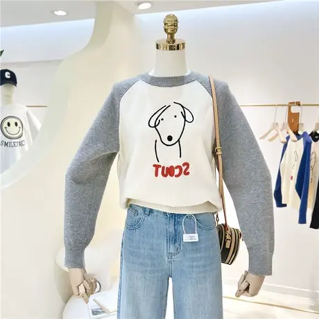 百搭卡通减龄保暖拼接撞色呆萌小狗织花宽松插肩针织毛衣女单穿潮商品大图