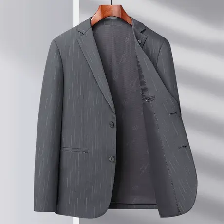 休闲西装外套男修身春季薄款条纹印花时尚男士中年灰色小西服上衣商品大图