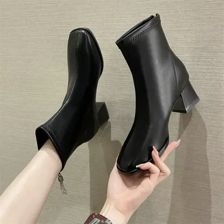 永希马丁靴女2023年秋冬新款粗跟英伦风高跟切尔西短靴方头瘦瘦靴商品大图