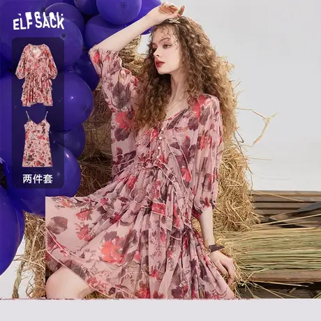 妖精的口袋雪纺连衣裙女2022夏季新款v领碎花收腰显瘦不规则裙子商品大图