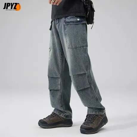 男士牛仔裤阔腿工装多口袋美式复古潮牌直筒秋季新款潮流高街长裤图片